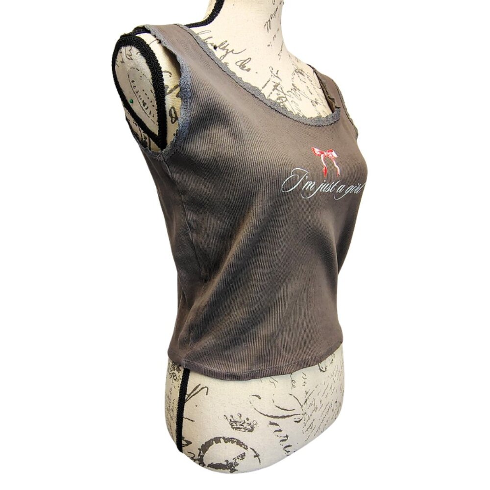 Womens Y2K Ribbed Lace Trim Graphic Tank Top "Im Just a Girl" XL Retro No Doubt - Picture 3 of 8
